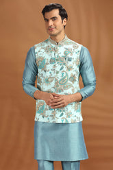 Sea Green Silk Kurta Pajama with Paisley Print Jacket